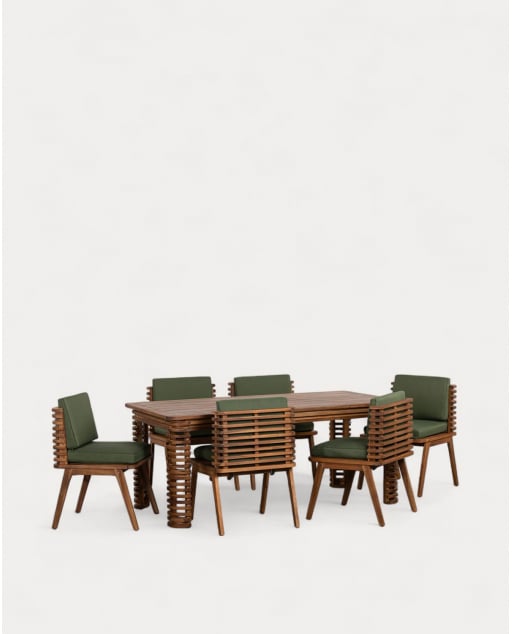 Ensemble Table Rectangulaire (180x90 cm) et 6 Chaises en Bois d'Acacia et Tissu d'Extérieur Hazan