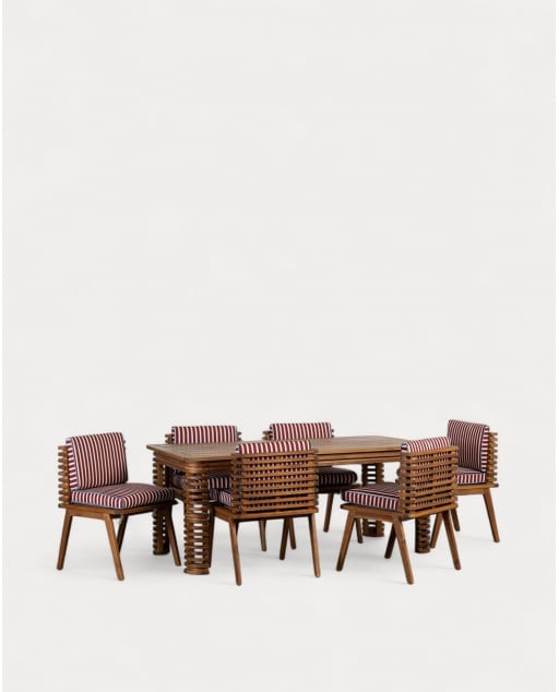Ensemble Table Rectangulaire (180x90 cm) et 6 Chaises en Bois d'Acacia et Tissu d'Extérieur Hazan