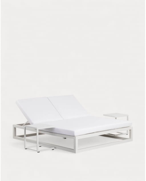 Set de Chaises Longues Doubles Inclinables Kewin et 2 Tables d'Appoint en Aluminium (40x40 cm) Kreta Colours - Blanc Polar