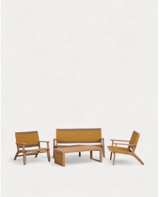 Ensemble de Jardin avec Canapé 2 Places, 2 Fauteuils et Table Basse en Bois d'Acacia et Corde Mirle