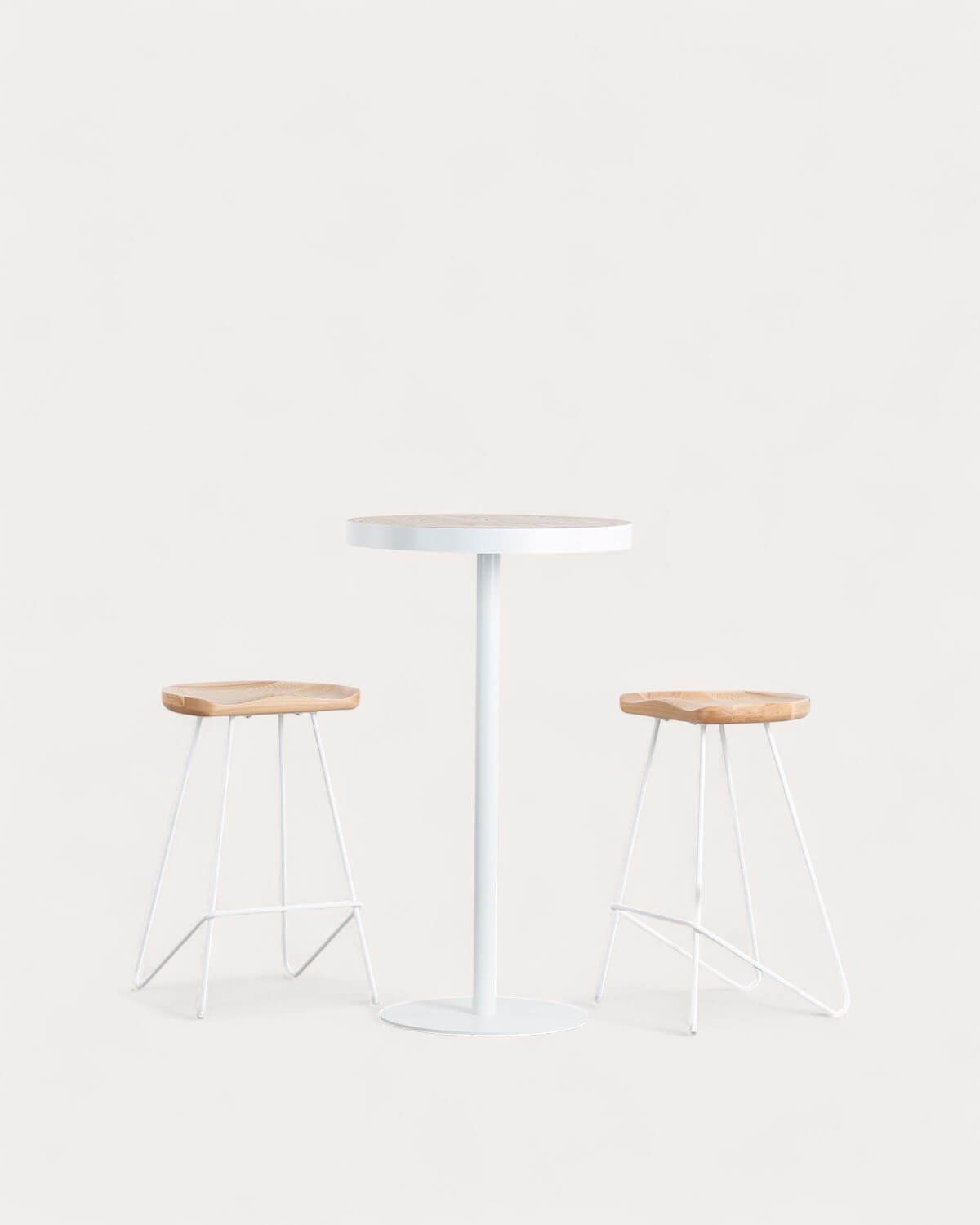 Ensemble Table Haute Ronde (Ø60 cm) Zoar et 2 Tabourets en Métal et Bois Roses, image de la gelerie 1