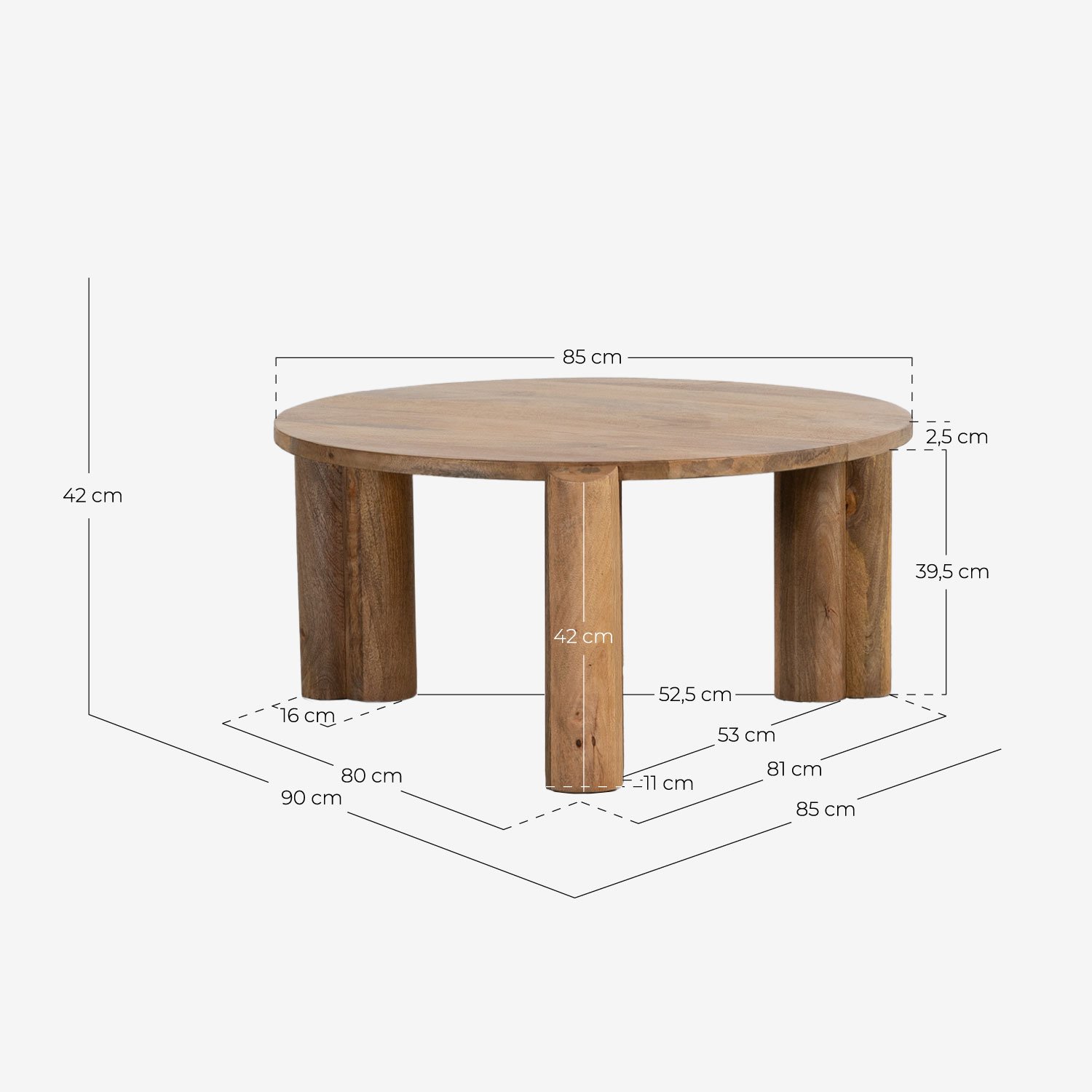 Table Basse Ronde avec Plateau en Bois de Manguier (Ø85 cm) Ethel, dimensions
