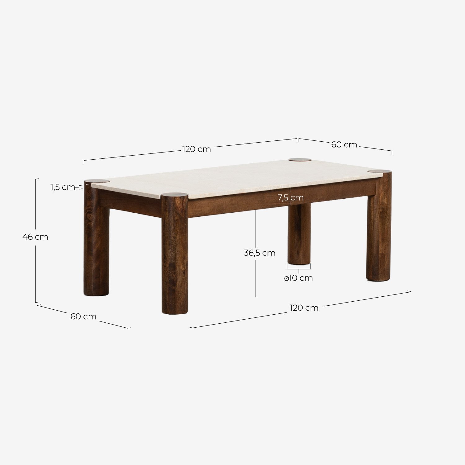 Table Basse Rectangulaire en Marbre Botticino et Bois de Manguier (120x60 cm) Dublin, dimensions