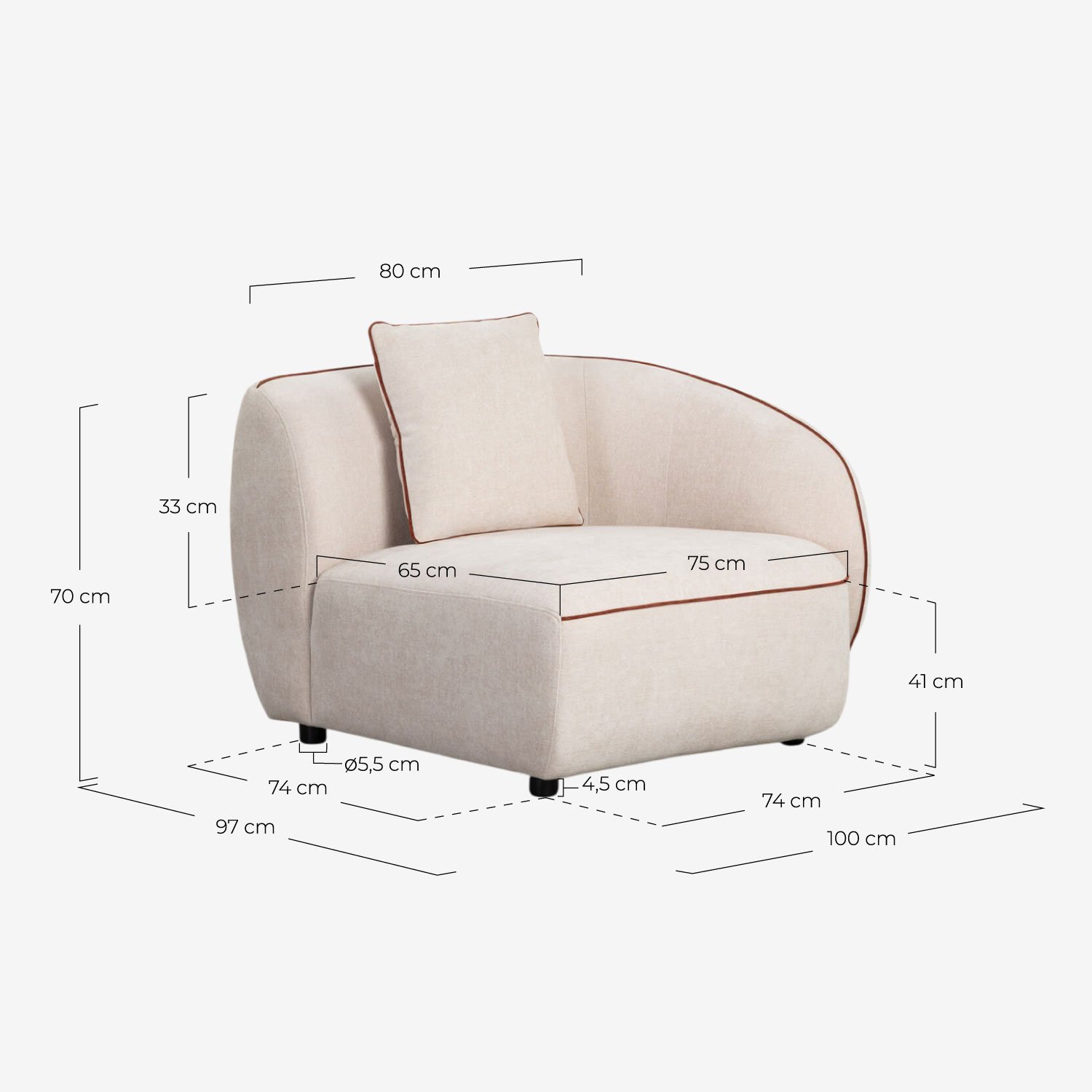 Canapé Méridienne Modulable 3 Pièces avec Pouf d'Angle et Pouf Rond en Tissu Ilham , dimensions