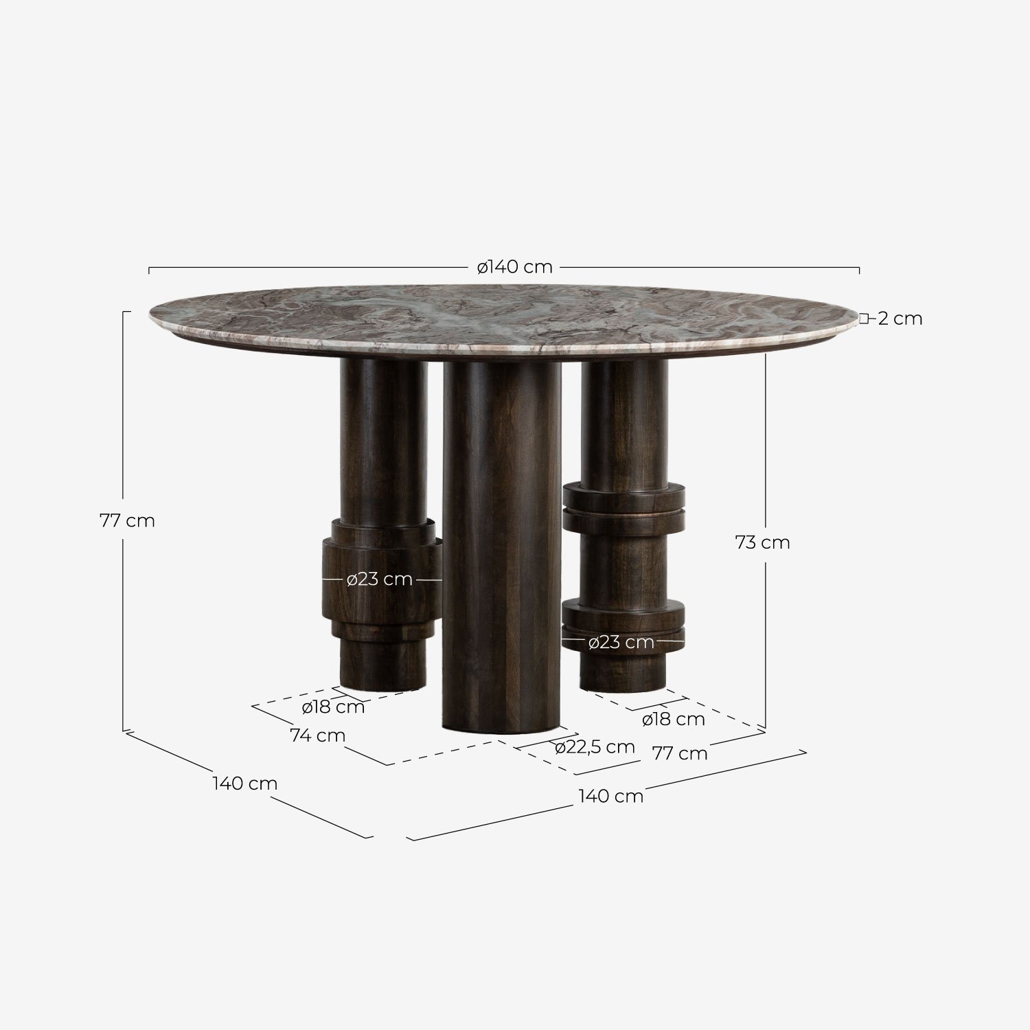 Table à Manger Ronde en Marbre Sawar et Bois de Manguier (Ø140 cm) Atenas, dimensions