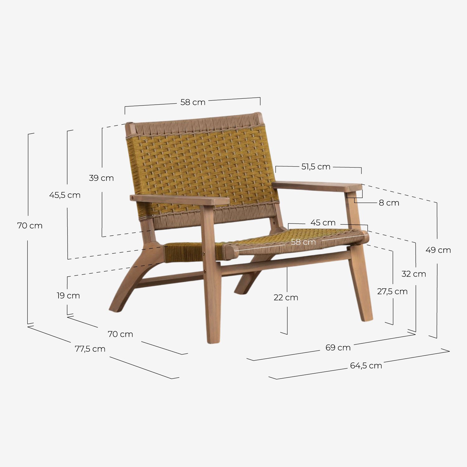 Pack de 2 Chaises de Jardin en Bois d'Acacia et Corde Mirle, dimensions