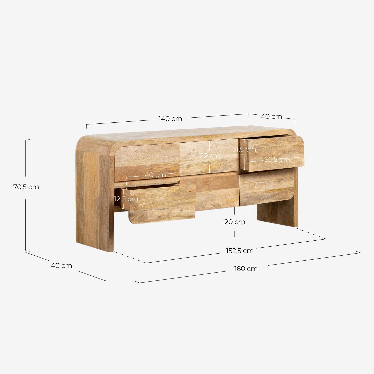 Buffet Bas avec 6 Tiroirs 160x40 cm en Manguier Vanile , dimensions