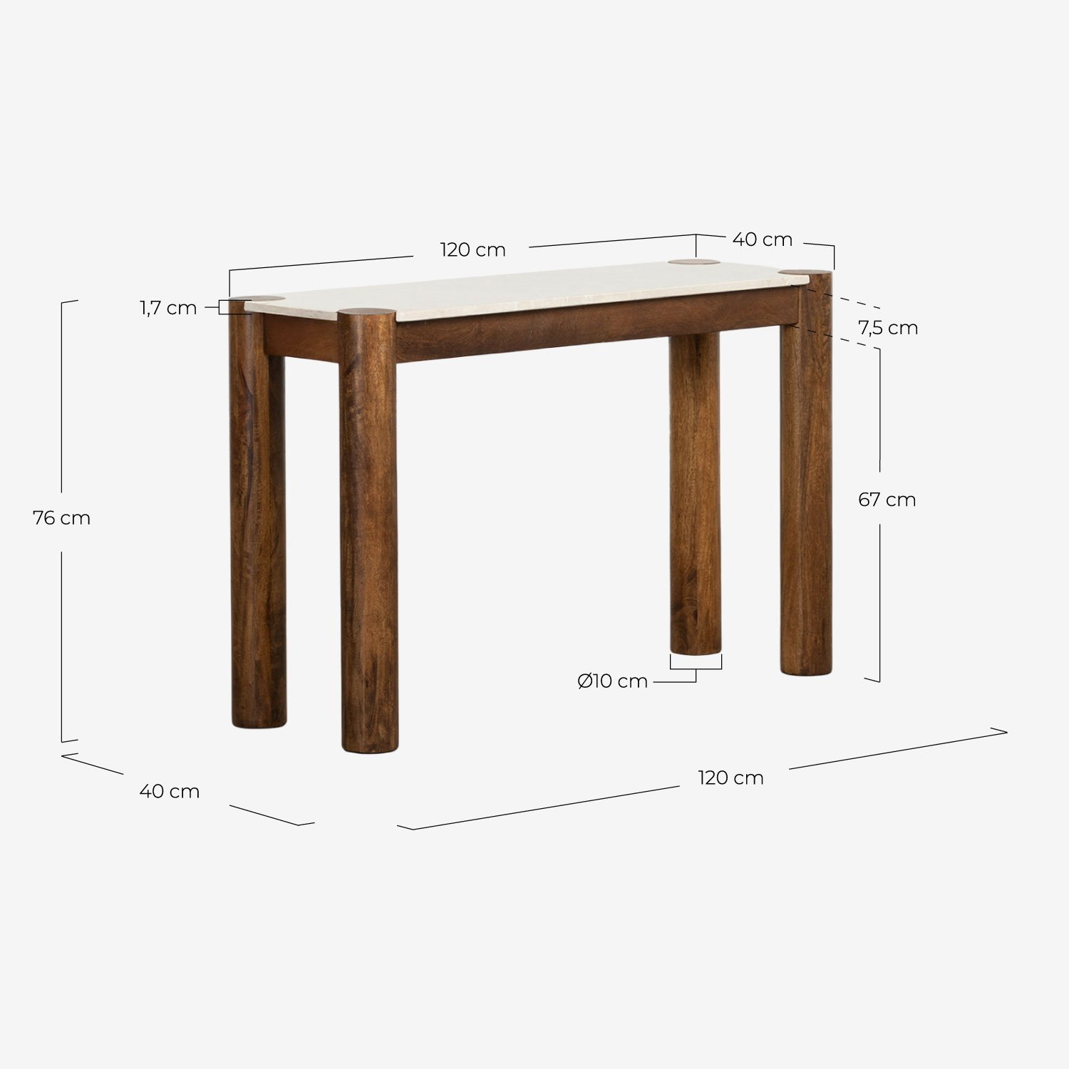 Console en Marbre Botticino et Bois de Manguier (120x40 cm) Dublin, dimensions