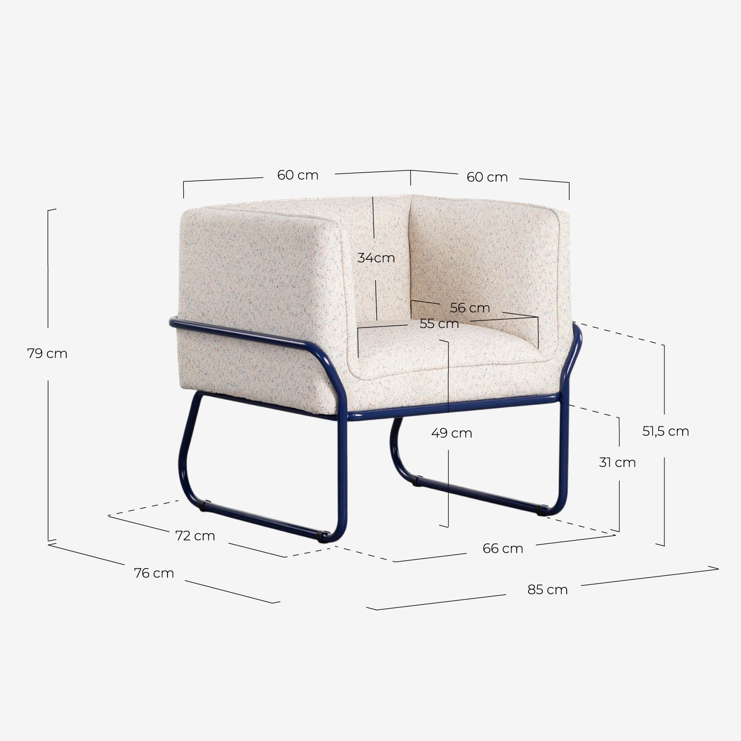 Fauteuil en tissu et métal Marcellus , dimensions