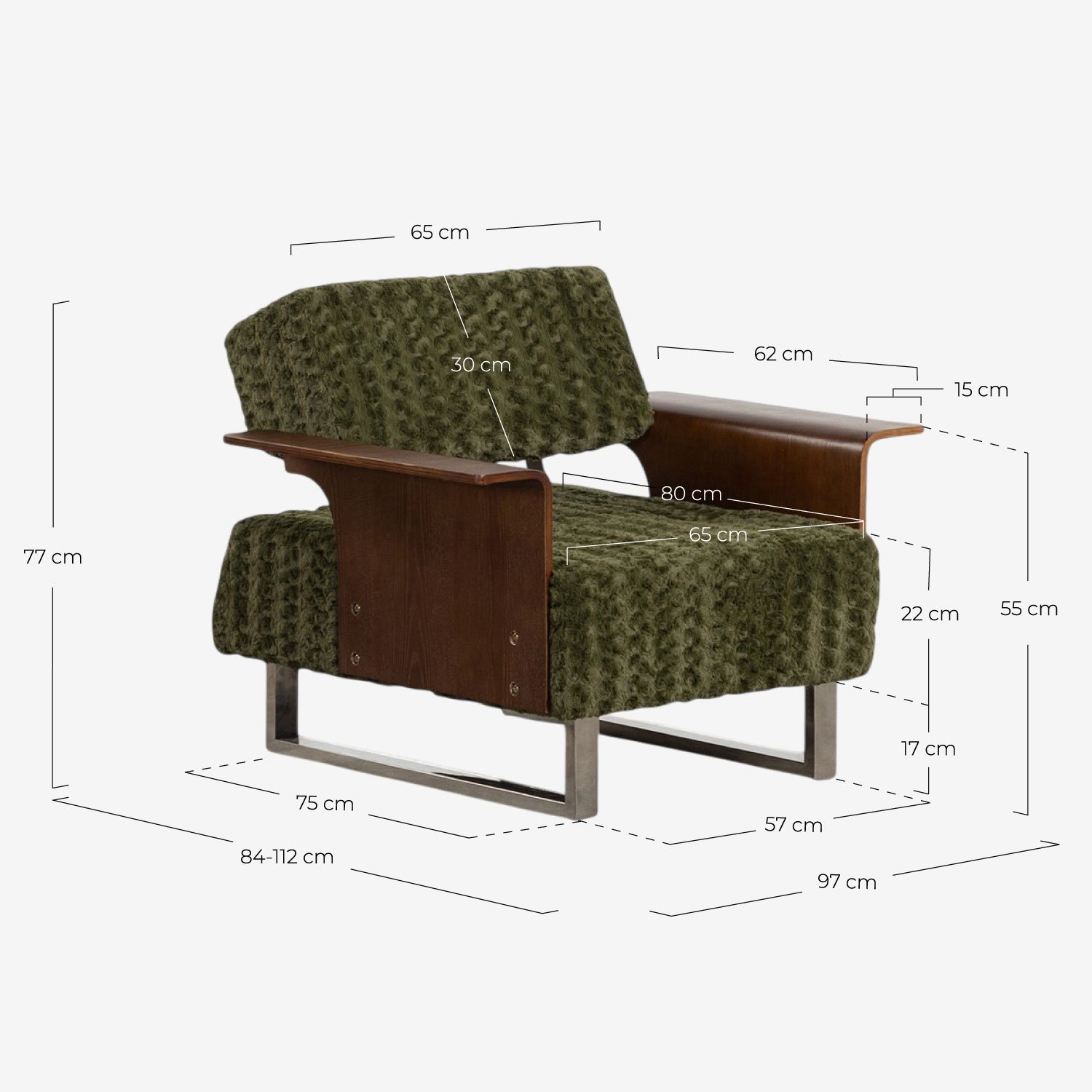 Pack 2 Fauteuils Inclinables avec Accoudoirs en Bois et Tissu Années 70S Furry, dimensions