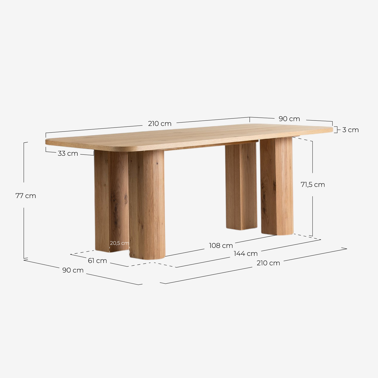 Set de Table à Manger Rectangulaire en Bois (210 x 90 cm) Frichi et 6 Chaises en Bois Laly, dimensions