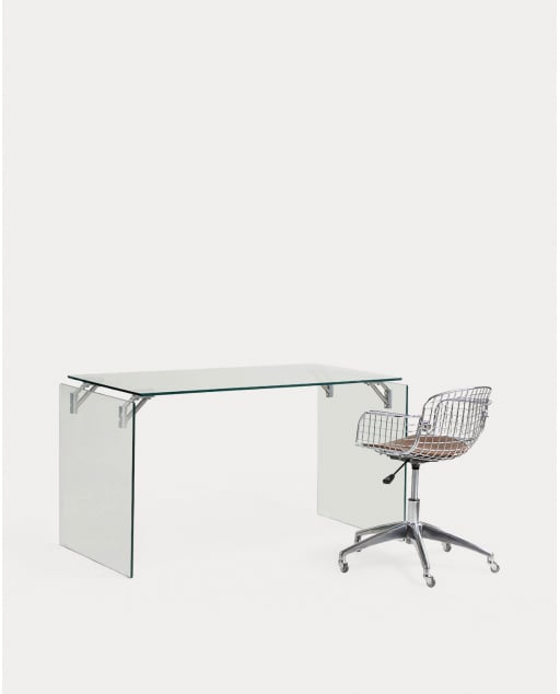 Set de Bureau en Verre Trempé (134x70 cm) Arey et Chaise de Bureau Vintage avec Dossier Bas Aras