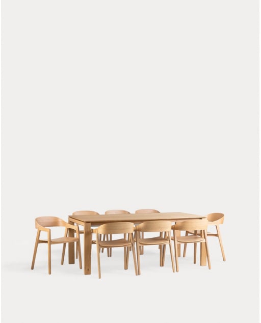Ensemble Table à Manger Extensible (195-285x90 cm) Deran et 8 Chaises en Bois avec Accoudoirs Laly