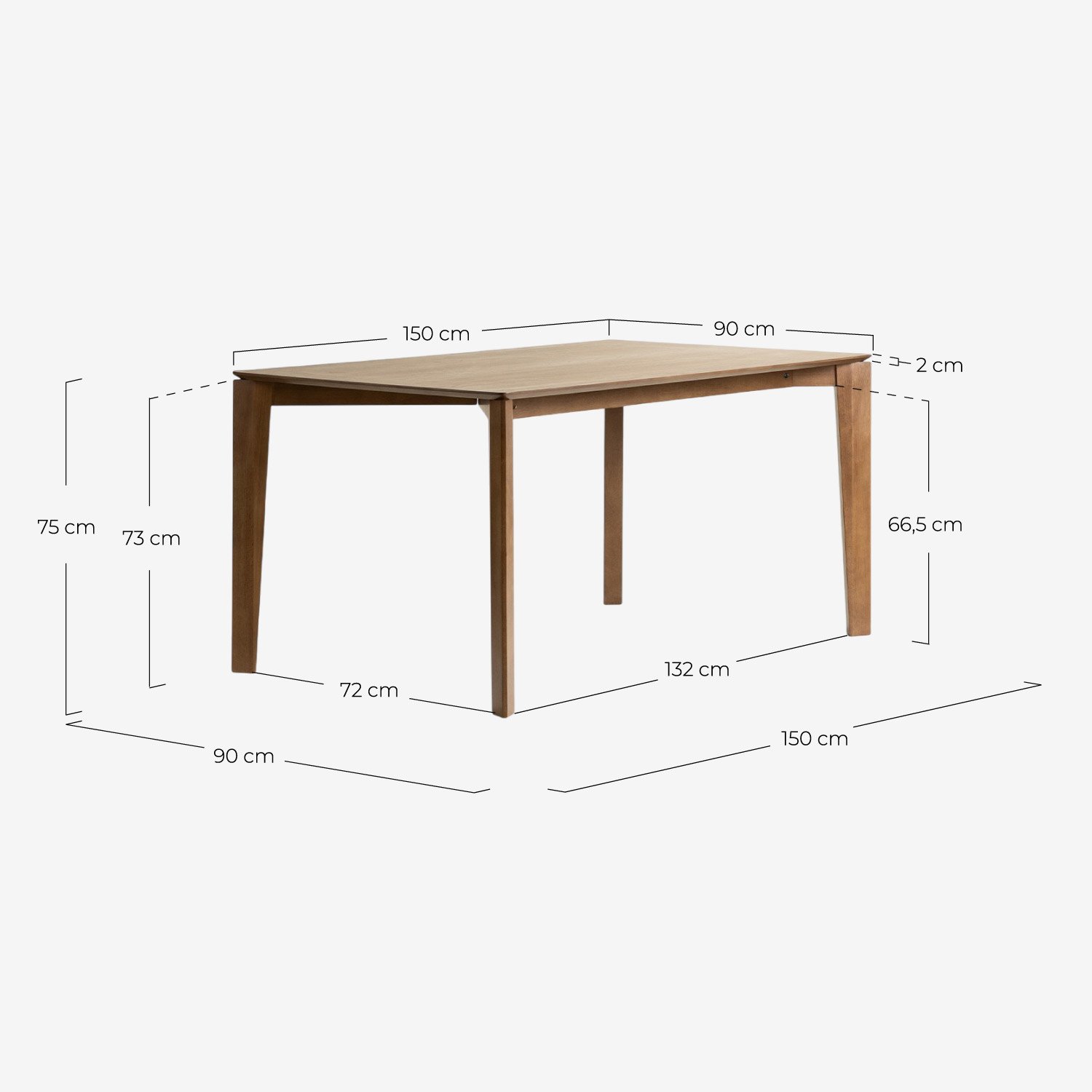 Table à Manger Rectangulaire en Bois (150x90 cm) Meridel, dimensions