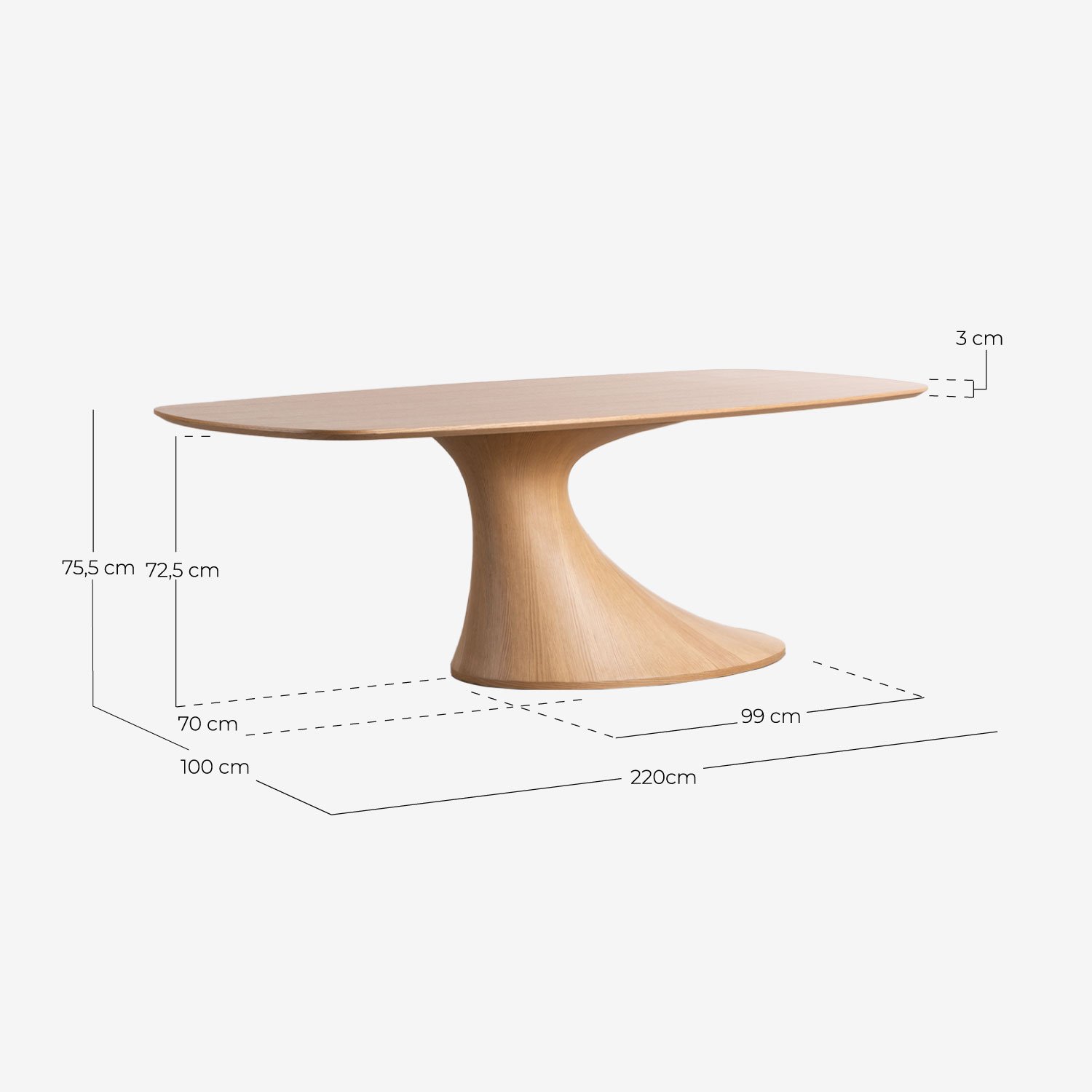 Ensemble Table à Manger Rectangulaire en Bois (220x100 cm) Flawas et 4 chaises en Tissu Elin, dimensions