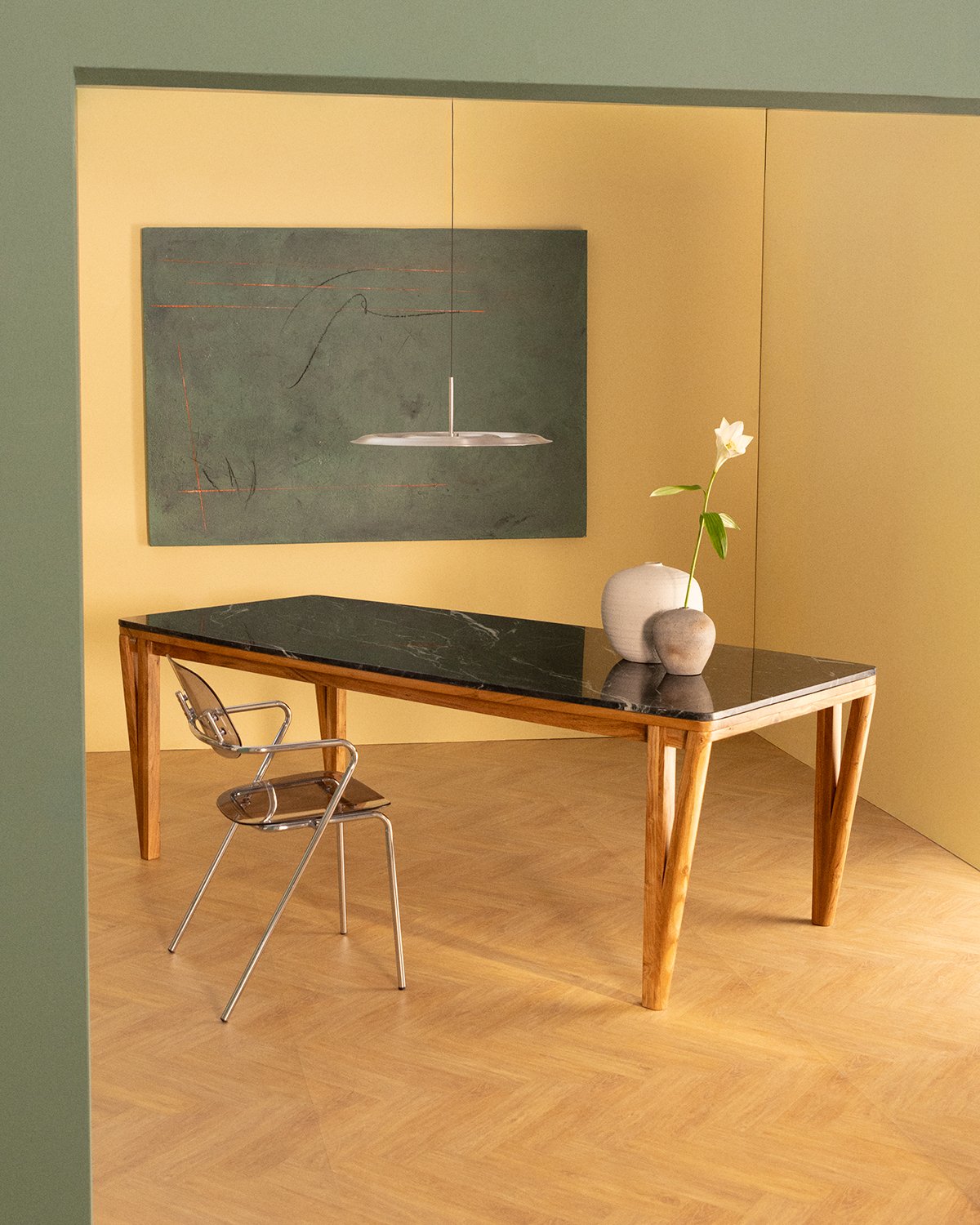 Table de Salle à Manger Rectangulaire en Marbre et Bois d'Acacia (220x100 cm) Mundy, image de la gelerie 2