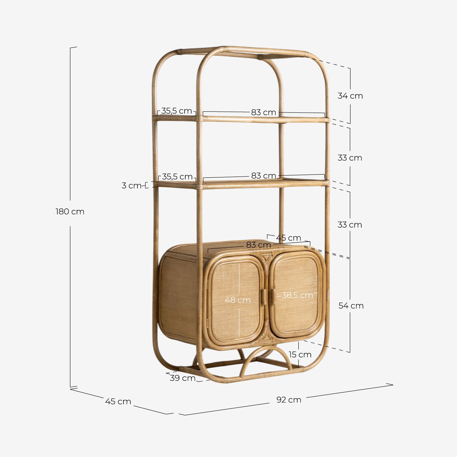 Étagère de Rangement en Rotin Naturel (180x92 cm) Maisie, dimensions
