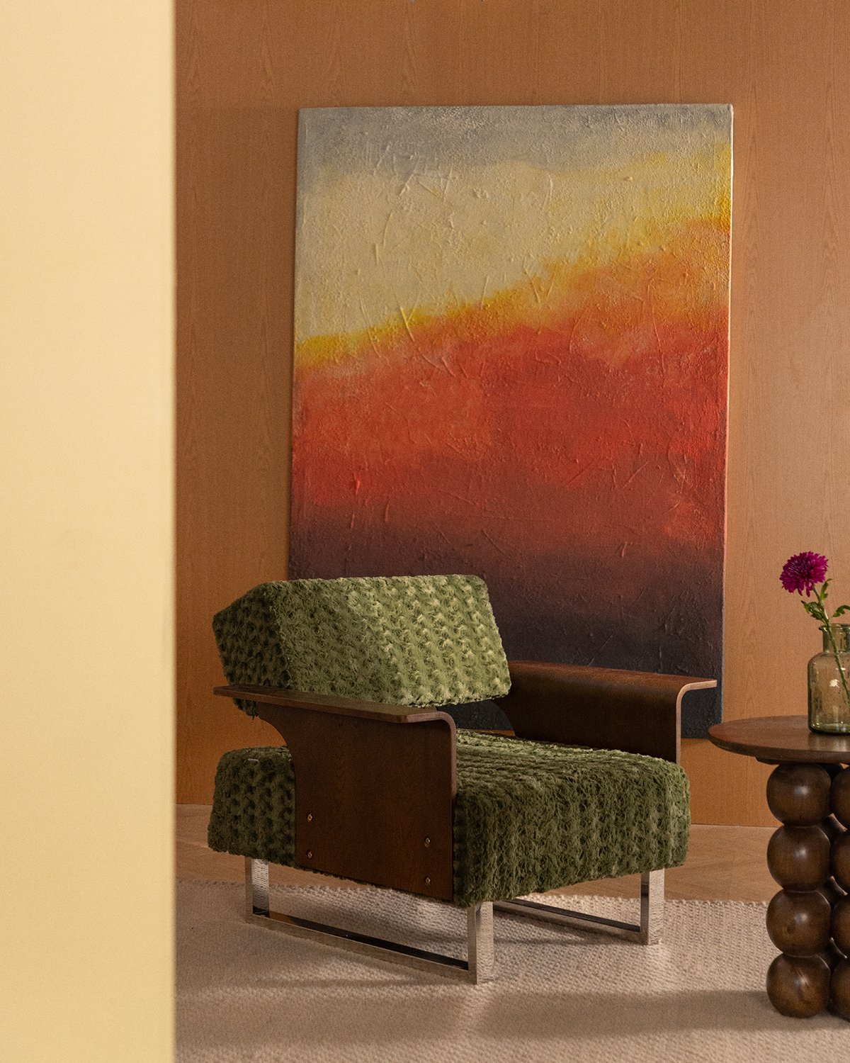 Fauteuil Inclinable avec Accoudoirs en Bois et Tissu 70s Furry, image de la gelerie 2