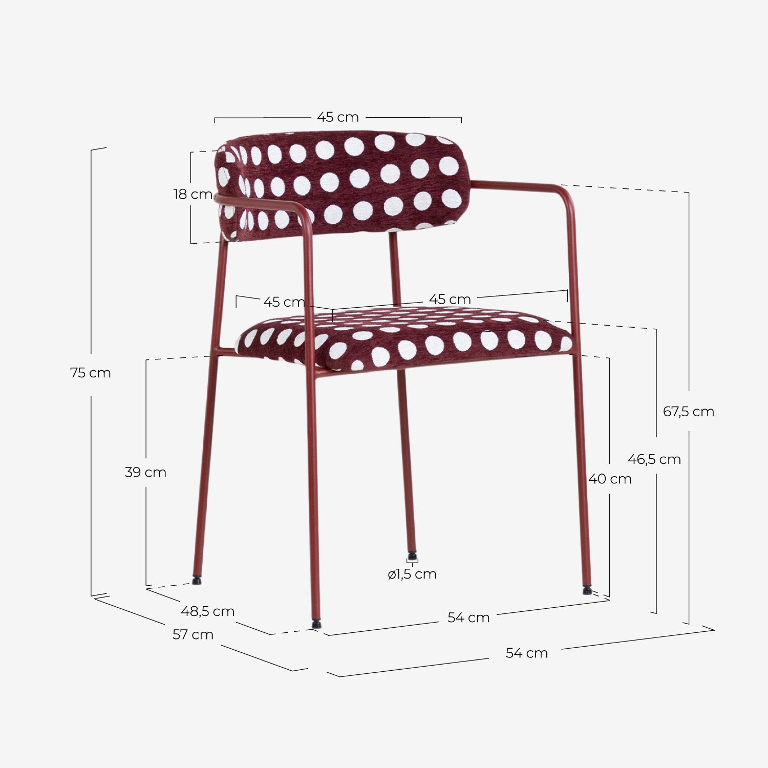 Pack de 4 Chaises de Salle à Manger avec Accoudoirs en Métal et Tissu Myretia, dimensions
