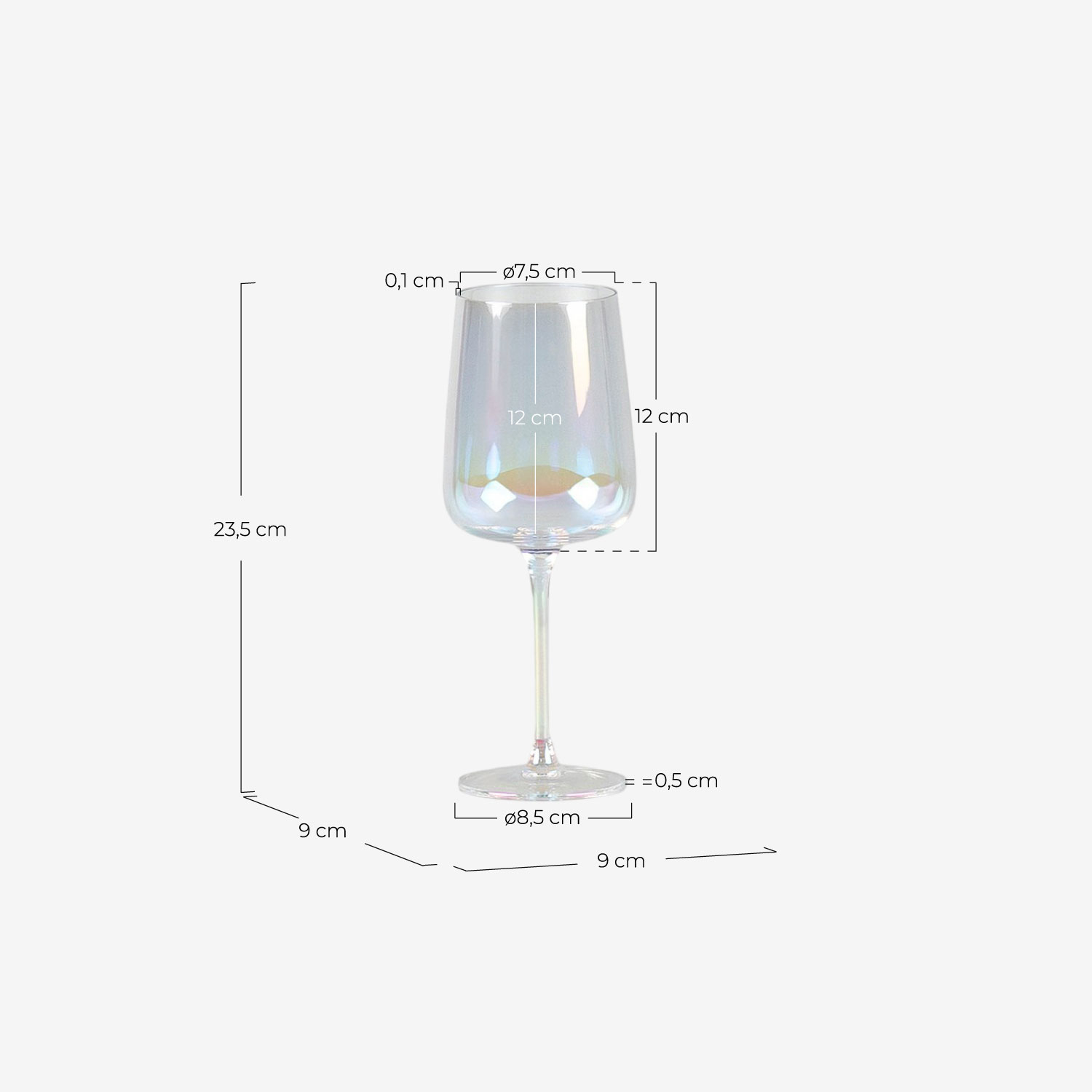 Pack de 4 Verres à Vin Rouge Verre Irisé Odin, dimensions