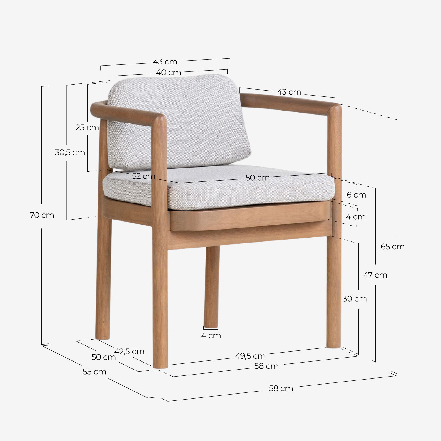 Pack 4 Chaises d'Extérieur en Bois d'Eucalyptus avec Accoudoirs en Tissu Elnes, dimensions