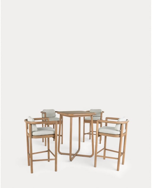 Ensemble Table Haute (70x70 cm) et 4 Tabourets Hauts en Bois d'Eucalyptus et Tissu Elnes