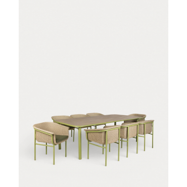 Ensemble Table Rectangulaire (240x110 cm) et 8 Chaises d'Extérieur en Bois d'Acacia et Métal Caitlyn Vert Olive - The Masie