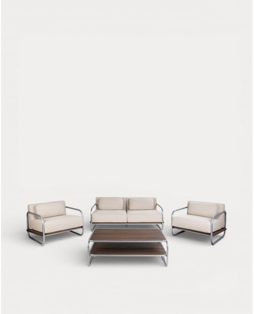 Ensemble de Jardin avec Canapé 2 Places, 2 Fauteuils et Table Basse en Métal et Tissu Ahrus - Beige Seashell