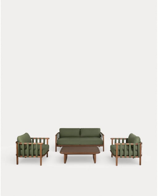 Ensemble de Jardin comprenant un Canapé 2 Places, 2 Fauteuils et une Table Basse en Bois d'Eucalyptus et Tissu Edvard