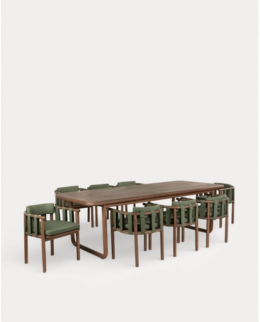 Ensemble Table Rectangulaires Elnes (240x100 cm) et 8 Chaises en Bois d'Eucalyptus et Tissu Edvard