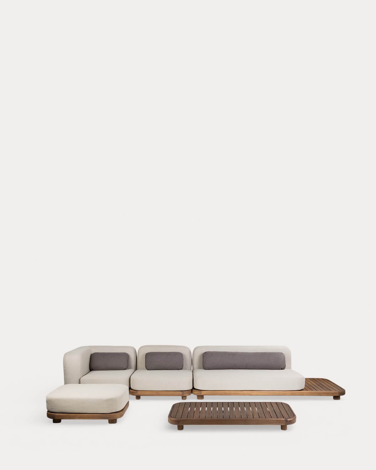 Ensemble de Jardin avec Module Canapé, Canapé Central, Canapé d'Angle, Pouf et Table Basse en Bois d'Acacia et Tissu Redik