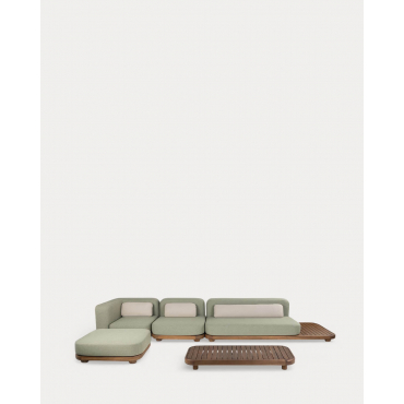 Ensemble de Jardin avec Module Canapé, Canapé Central, Canapé d'Angle, Pouf et Table Basse en Bois d'Acacia et Tissu Redik Vert Nori - The Masie