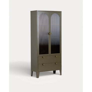 Buffet Haut à 2 Portes et 2 Tiroirs en Acier Laminé et Verre Andrius Vert Nori - The Masie