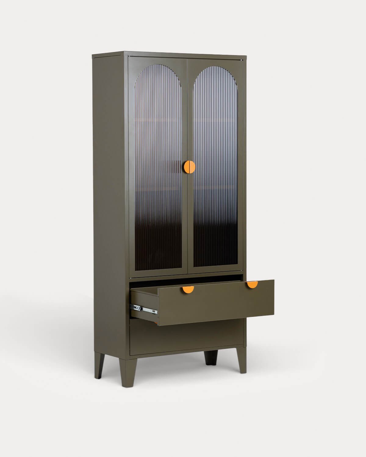 Buffet Haut à 2 Portes et 2 Tiroirs en Acier Laminé et Verre Andrius, image de la gelerie 4