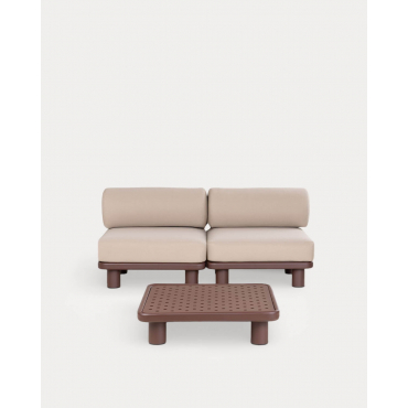 Ensemble de Jardin avec 2 Modules Centraux et Table Basse en Aluminium et Tissu Lantana Marron Chocolat - The Masie