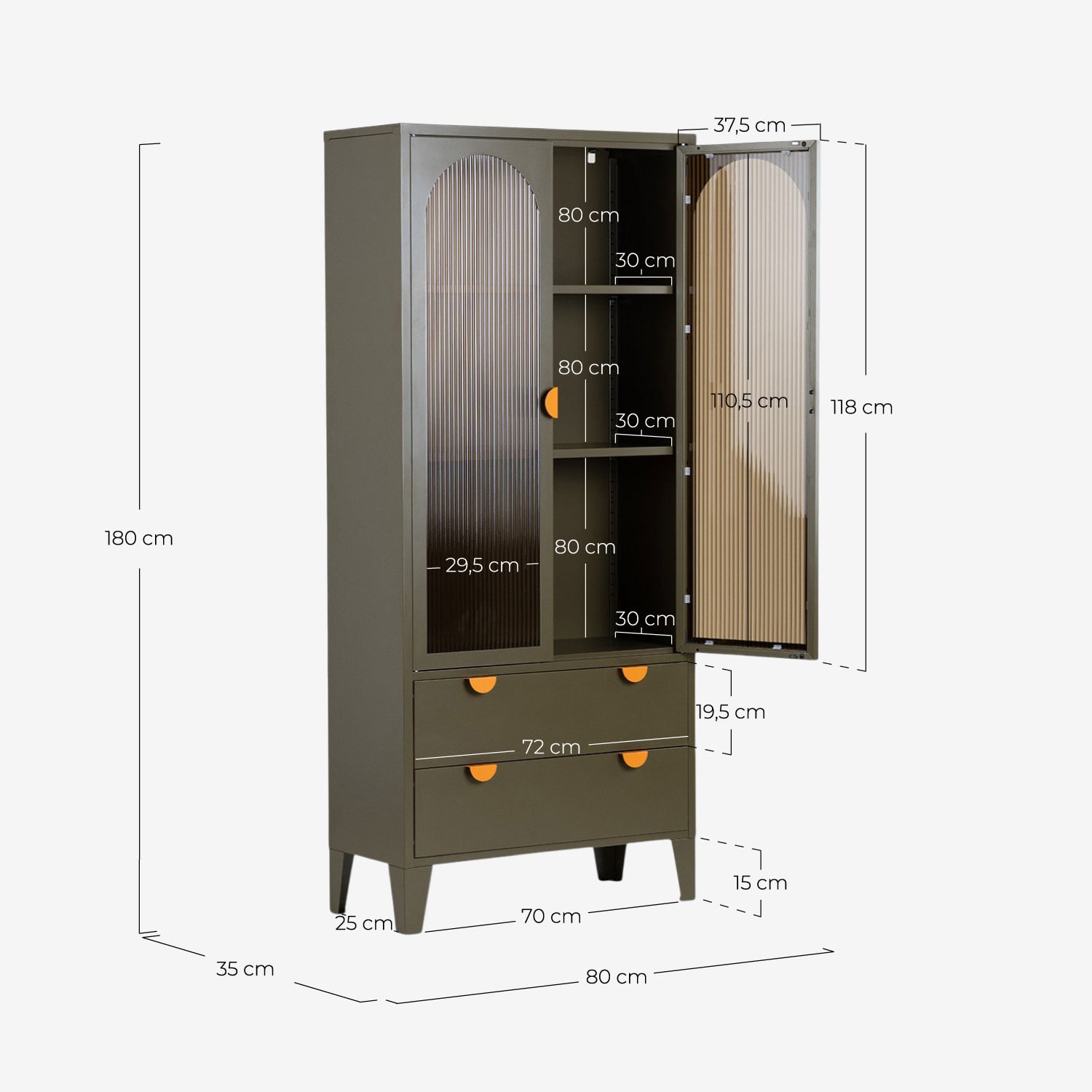 Buffet haut à 2 portes et 2 tiroirs180 x 80 cm acier et verre stratifiés Andrius, dimensions