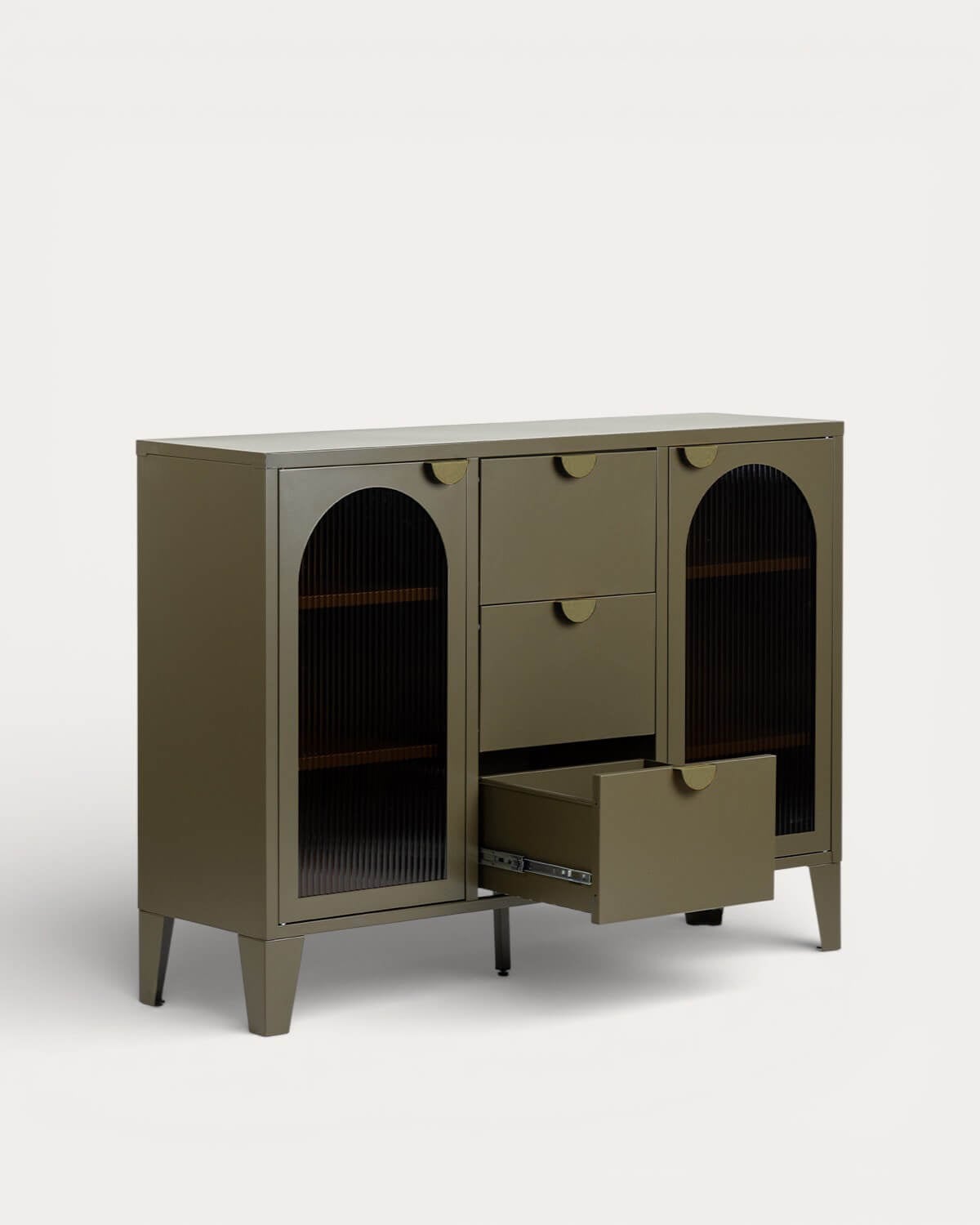 Buffet Bas à 2 Portes et 3 Tiroirs Acier et Verre Stratifiés Andrius, image de la gelerie 5