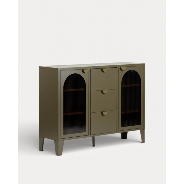 Buffet Bas à 2 Portes et 3 Tiroirs Acier et Verre Stratifiés Andrius Vert Nori - The Masie