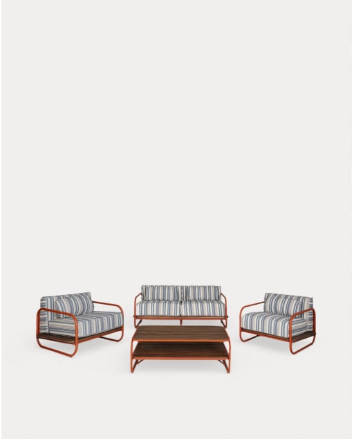 Ensemble de Jardin avec Canapé 2 Places, 2 Fauteuils et Table Basse en Métal et Tissu Ahrus