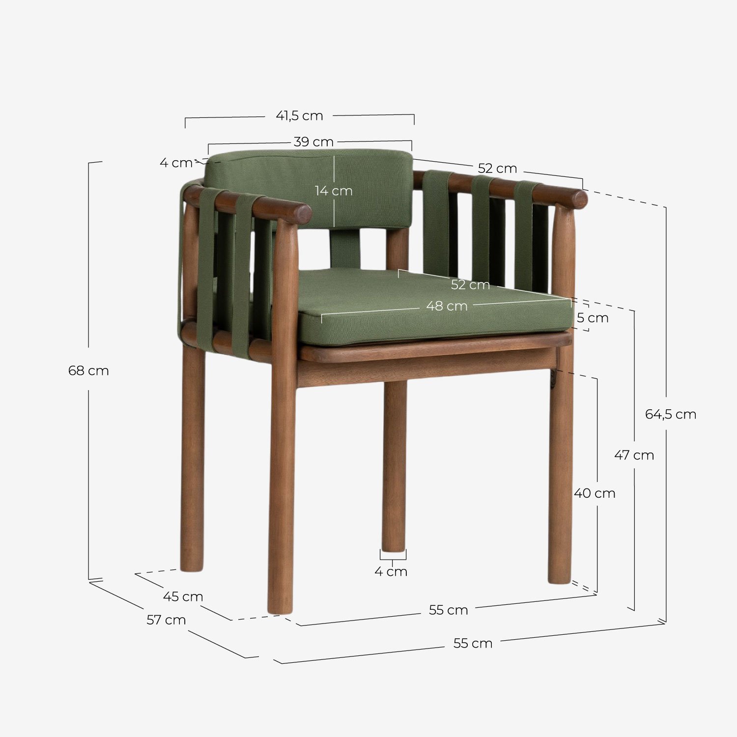 Pack de 4 Chaises de Salle à Manger avec Accoudoirs en Bois d'Eucalyptus et Tissu Edvard, dimensions