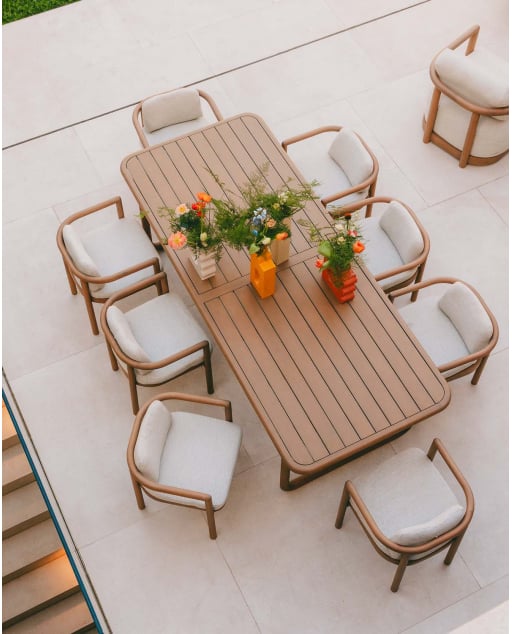 Ensemble Table et Chaises Rectangulaires (240x100 cm) et 8 Chaises en Bois d'Eucalyptus et Tissu Elnes