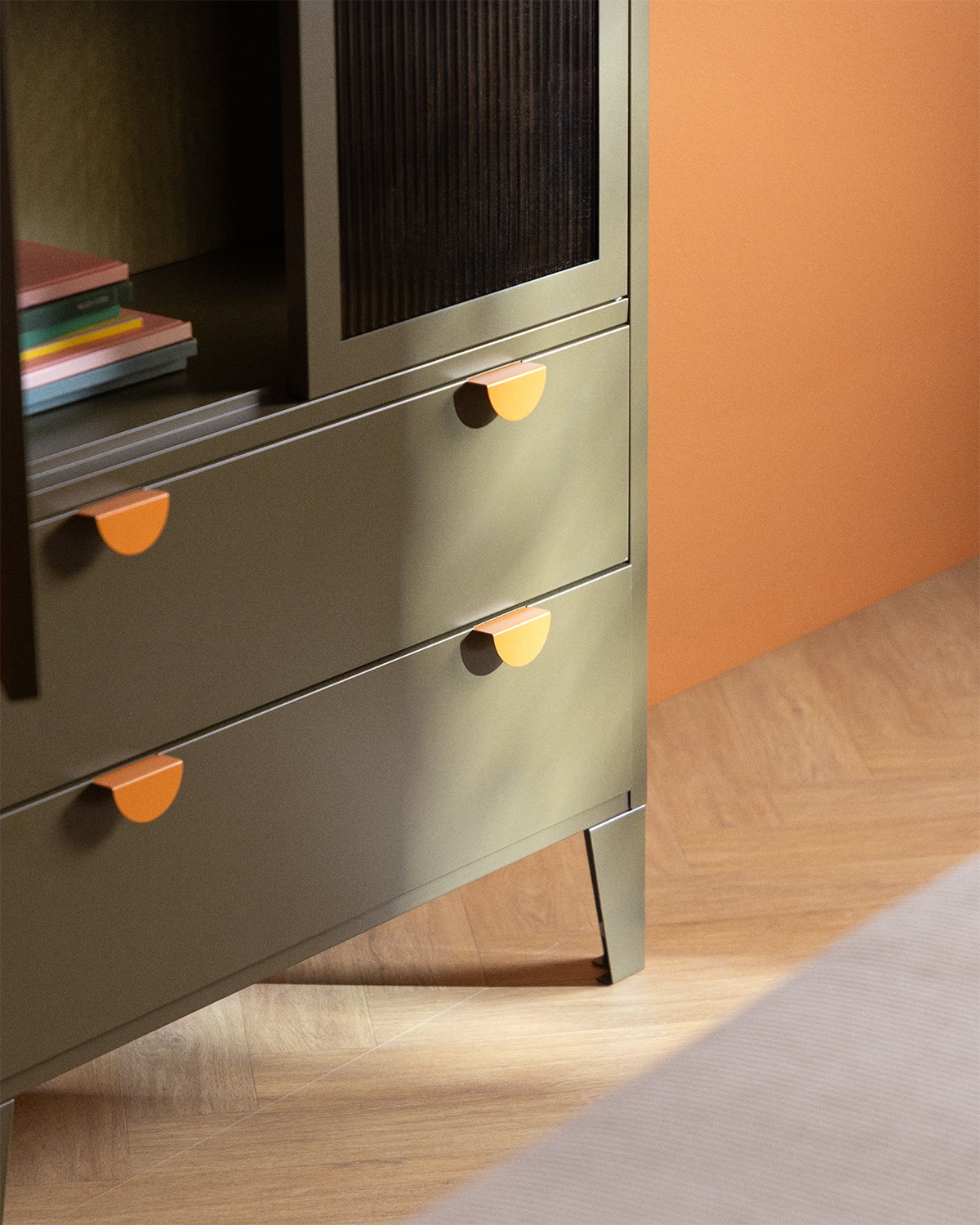 Buffet Haut à 2 Portes et 2 Tiroirs en Acier Laminé et Verre Andrius, image de la gelerie 7