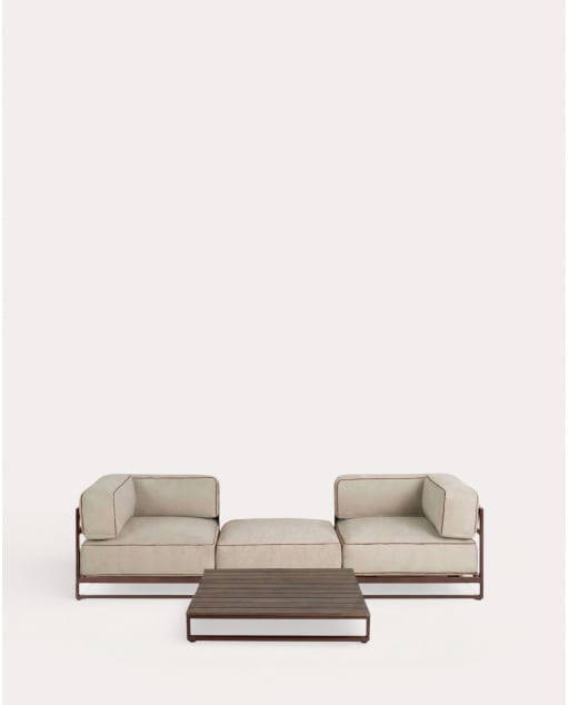 Ensemble de Jardin avec 2 Modules d'Angle Pouf et une Table Basse en Métal et Tissu Kristen - Beige Seashell