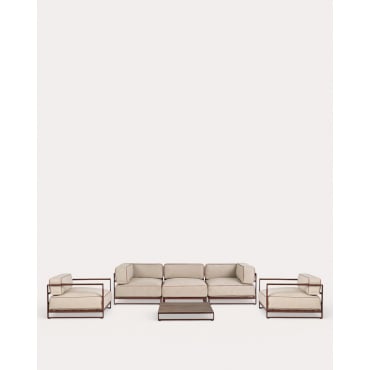 Ensemble de Jardin avec 2 Modules d'Angle, un Module Central, 2 Fauteuils et une Table Basse en Métal et Tissu Kristen Beige Seashell - The Masie