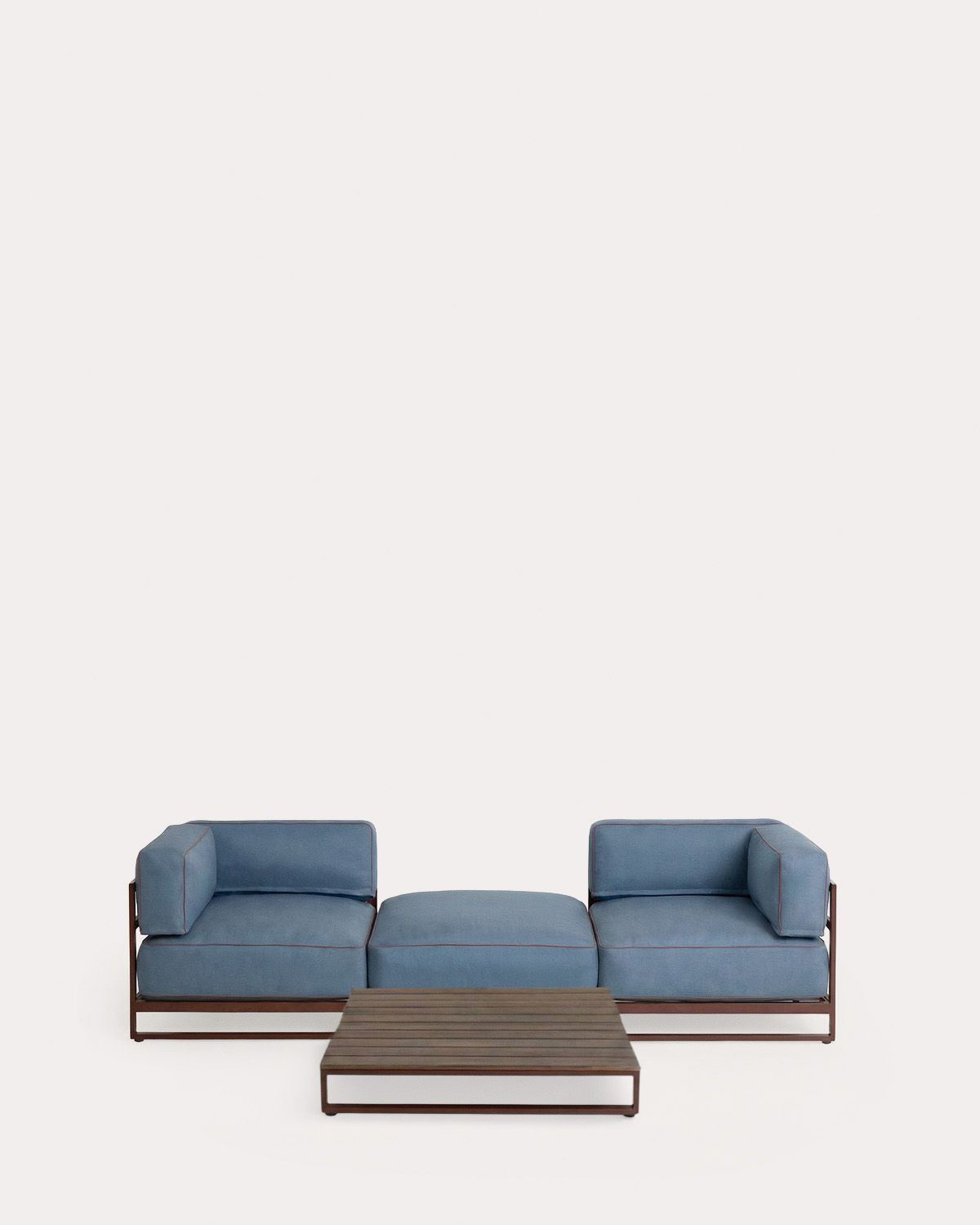 Ensemble de jardin avec 2 modules d'angle, module pouf et table basse en métal et tissu Kristen