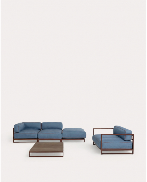 Ensemble de jardin avec module d'angle, module central, module pouf, fauteuil et table basse en métal et tissu Kristen - Bleu Silvery