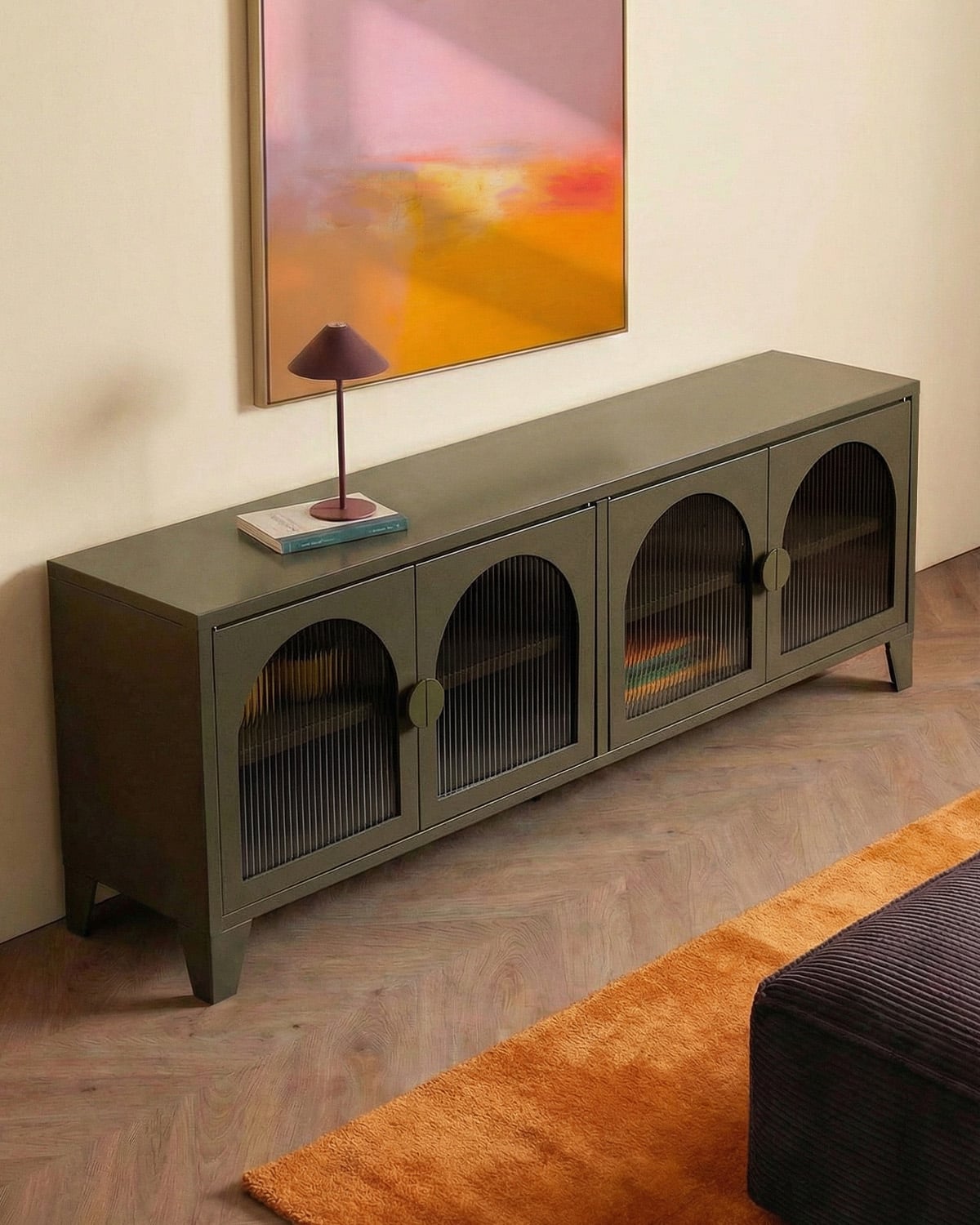 Meuble TV à 4 Portes 160x37 cm en Acier Laminé et Verre Andrius, image de la gelerie 2