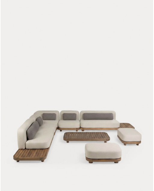 Ensemble de Jardin 7 Pièces, Canapé, Canapé Central, Canapé d’Angle, Pouf et Table Basse en Bois d’Acacia et Tissu Redik