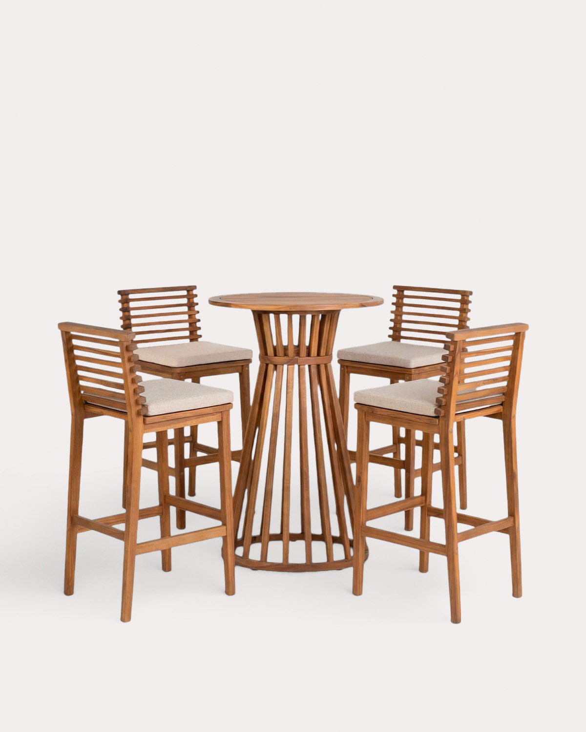 Ensemble Table Haute (Ø70 cm) et 4 Tabourets Hauts en Bois d'Acacia et Tissu (75 cm) d'Extérieur Hazan, image de la gelerie 5076031