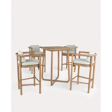 Ensemble Table Haute (70x70 cm) et 4 Tabourets Hauts en Bois d'Eucalyptus et Tissu Elnes Brun Clay - The Masie